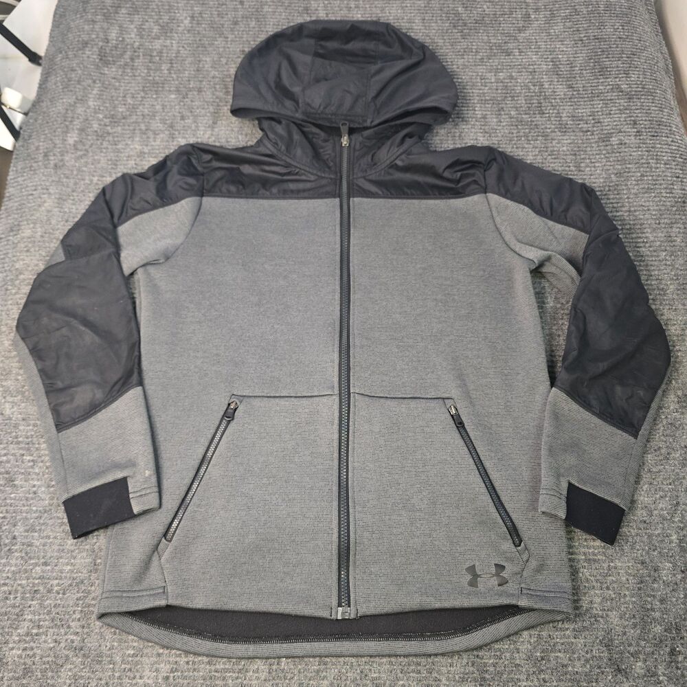 Under Armour Youth XL Gray Black Coldgear Loose Fit Full Zip Hooded Storm Jacket